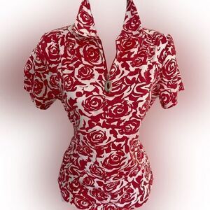 Swing Quarter Zip Golf Shirt - S red /white rose print , polyester spandex